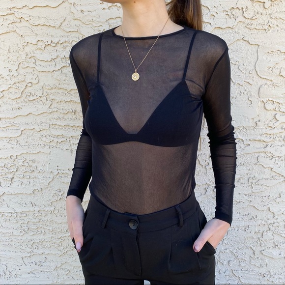 Zara Black Mesh Long Sleeve Shirt - Picture 2 of 4